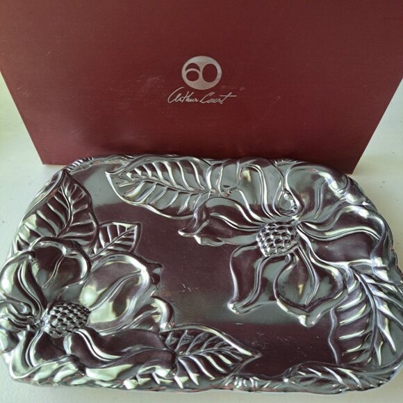 Arthur Court Magnolia Tray Catch All Aluminum Plate Trinket Rectangle Dish 10x7" - Picture 8 of 13